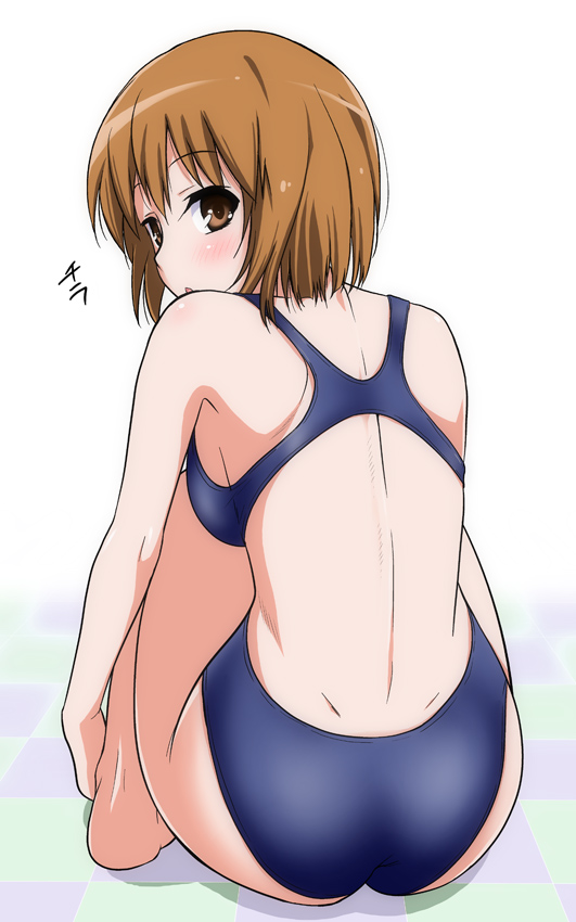 barefoot blush breasts brown_eyes brown_hair checkered checkered_floor competition_swimsuit from_behind full_body hagiwara_yukiho idolmaster idolmaster_(classic) looking_back marugoshi_teppei medium_breasts one-piece_swimsuit open_mouth short_hair simple_background sitting solo swimsuit