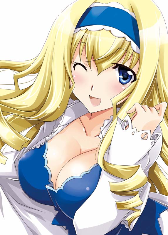 blonde_hair blue_eyes blue_hairband blush breasts cecilia_alcott cleavage drill_hair hairband infinite_stratos large_breasts long_hair one_eye_closed simple_background solo white_background yamaki_suzu