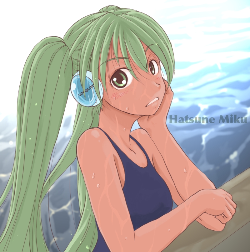 bonoramo character_name chin_rest green_eyes green_hair hatsune_miku headphones long_hair looking_at_viewer one-piece_swimsuit solo swimsuit twintails vocaloid wet