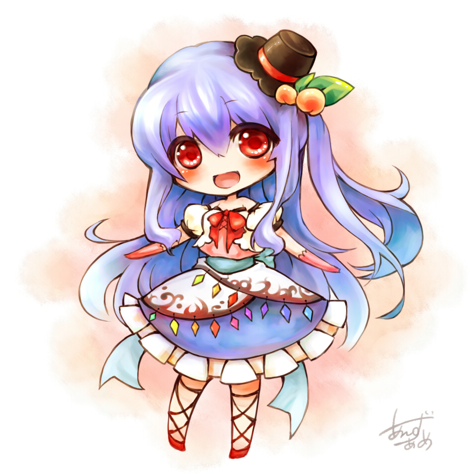 adapted_costume alternate_hairstyle blue_hair blush bow clown_222 food fruit gloves hat hinanawi_tenshi leaf long_hair open_mouth peach red_eyes side_ponytail simple_background solo touhou very_long_hair