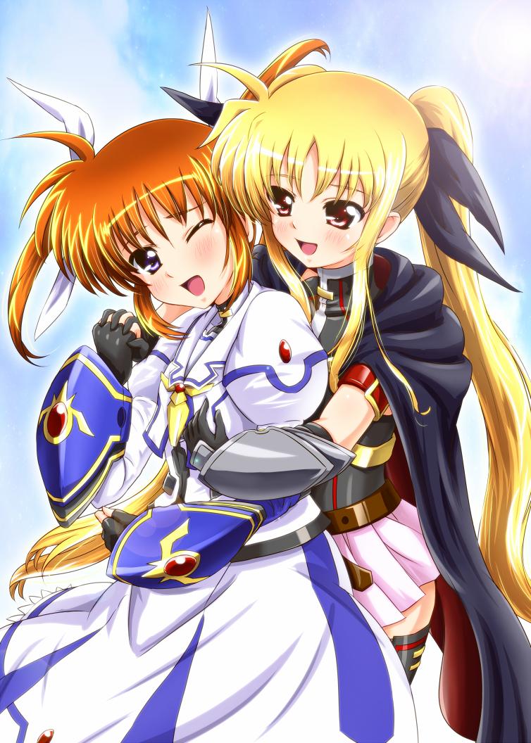 2girls blue_eyes blush couple diesel diesel-turbo fate_testarossa hair_ornament hand_holding happy hug hug_from_behind looking_at_another lyrical_nanoha mahou_shoujo_lyrical_nanoha mahou_shoujo_lyrical_nanoha_a's mahou_shoujo_lyrical_nanoha_a's mahou_shoujo_lyrical_nanoha_the_movie_2nd_a's multiple_girls open_mouth orange_hair red_eyes short_twintails takamachi_nanoha twintails yuri