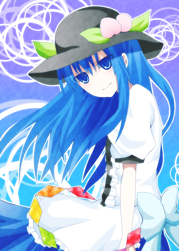 bad_id bad_pixiv_id blue_eyes blue_hair bow food frills fruit hat hinanawi_tenshi leaf light_smile long_hair looking_at_viewer mate_muro peach short_sleeves smile solo touhou very_long_hair