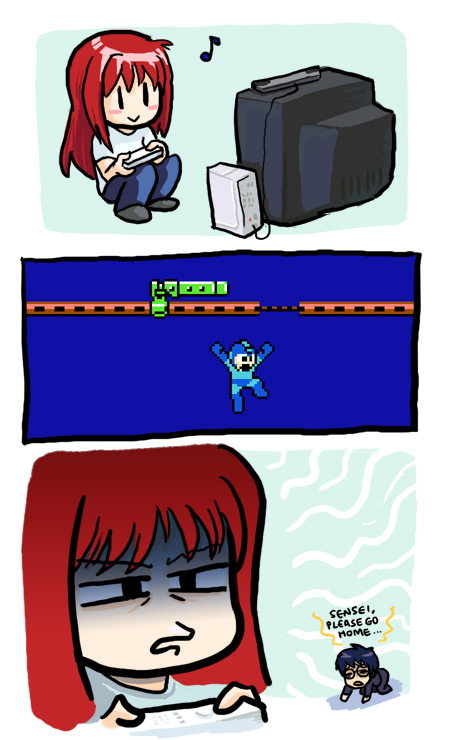 1girl 3koma :&gt; aozaki_aoko comic controller english game_console game_controller jonathan_kim melty_blood orz playing_games red_hair rockman rockman_(character) rockman_(classic) television toono_shiki tsukihime video_game wii wii_remote