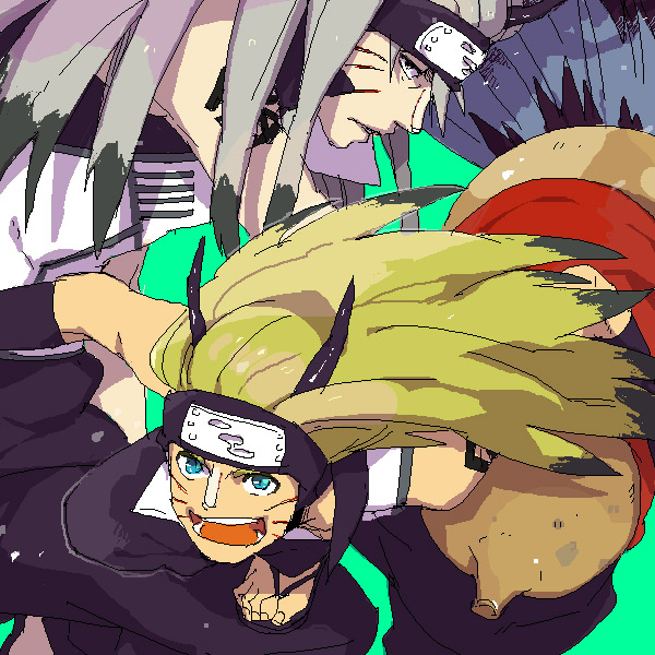 2boys blonde_hair blue_eyes facial_mark forehead_protector ginkaku ginkaku_(naruto) gourd hatake_kakashi i_(kaiyou) kinkaku kinkaku_(naruto) kumogakure_symbol long_hair male male_focus multiple_boys naruto naruto_shippuuden open_mouth toes uzumaki_naruto white_hair