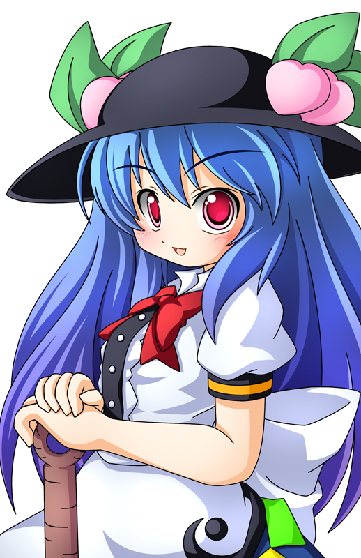 blue_hair blush bow food fruit hat hinanawi_tenshi leaf long_hair looking_at_viewer open_mouth peach red_eyes shinjitsu short_sleeves simple_background solo touhou very_long_hair