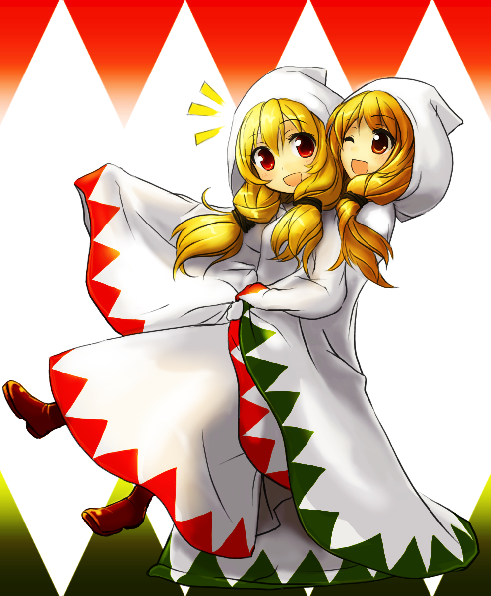 :d ;d akikan_(watashi_no_sekai) blonde_hair boots brown_eyes eyebrows_visible_through_hair final_fantasy final_fantasy_tactics highres hood long_hair long_sleeves multiple_girls one_eye_closed open_mouth red_eyes robe sleeves_past_wrists smile white_mage white_mage_(fft) wide_sleeves