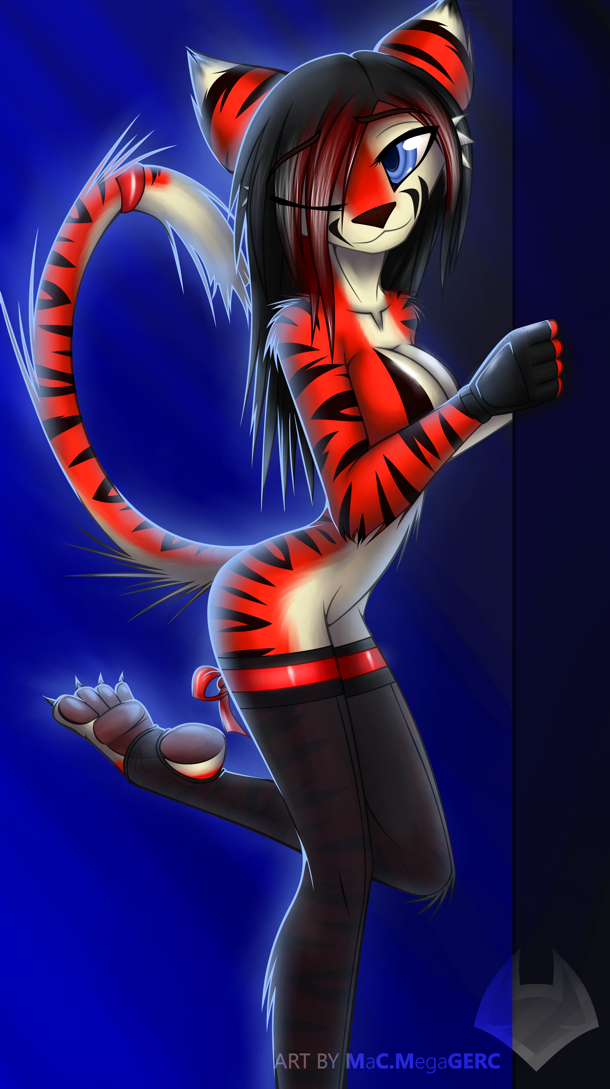 blue_eyes bottomless cherry_(macmegagerc) clothed clothing feline female hair_over_eye half-dressed macmegagerc mammal one_eye_closed pawpads paws plantigrade skimpy solo