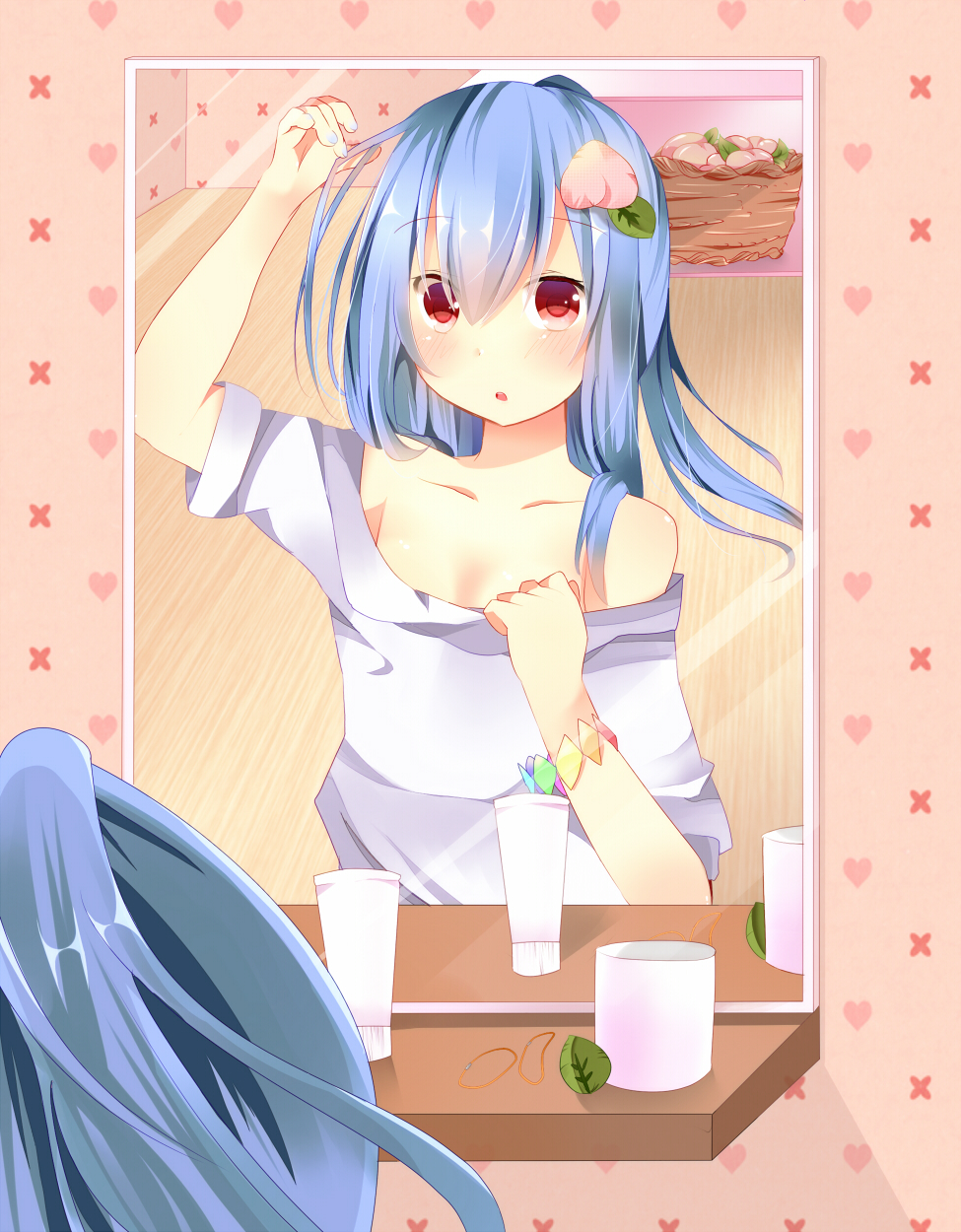 alternate_hairstyle bad_id bad_pixiv_id basket blue_hair blush bracelet collarbone contemporary food fruit hair_ornament hairpin highres hinanawi_tenshi jewelry leaf long_hair mirror open_mouth peach ponytail red_eyes solo tamagogayu1998 touhou