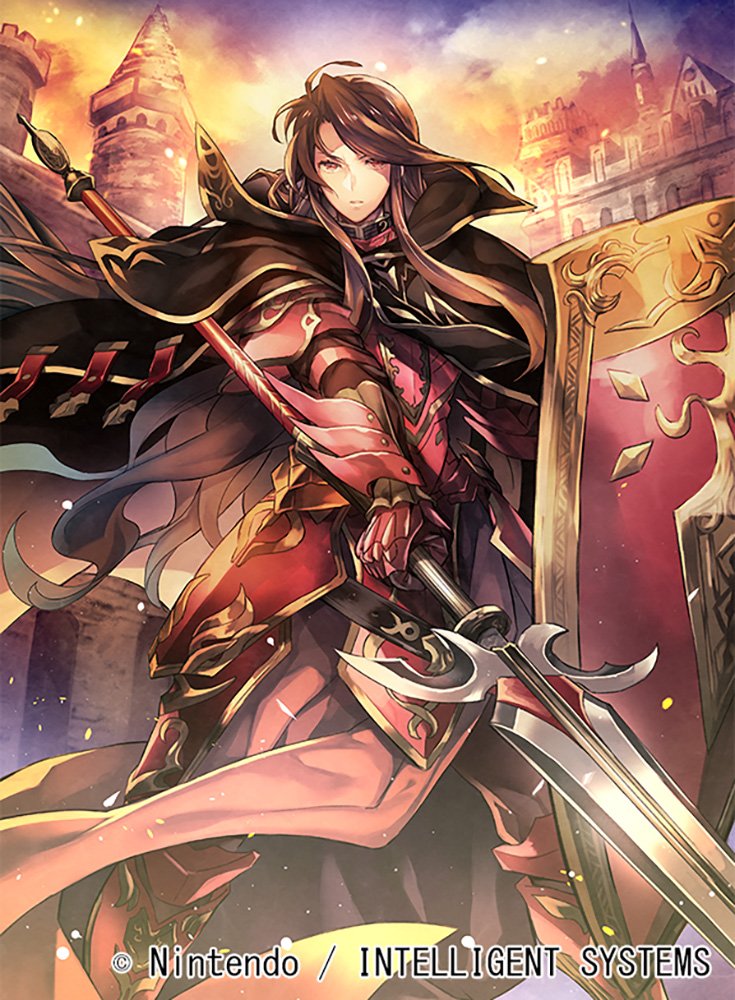 1girl armor armored_dress bangs cape castle closed_mouth commentary_request company_name fire_emblem fire_emblem:_shin_monshou_no_nazo fire_emblem_cipher gauntlets holding holding_weapon long_hair looking_at_viewer nagahama_megumi nintendo official_art outdoors polearm red_eyes sheema shield shiny shiny_hair sidelocks solo spear standing sunset weapon