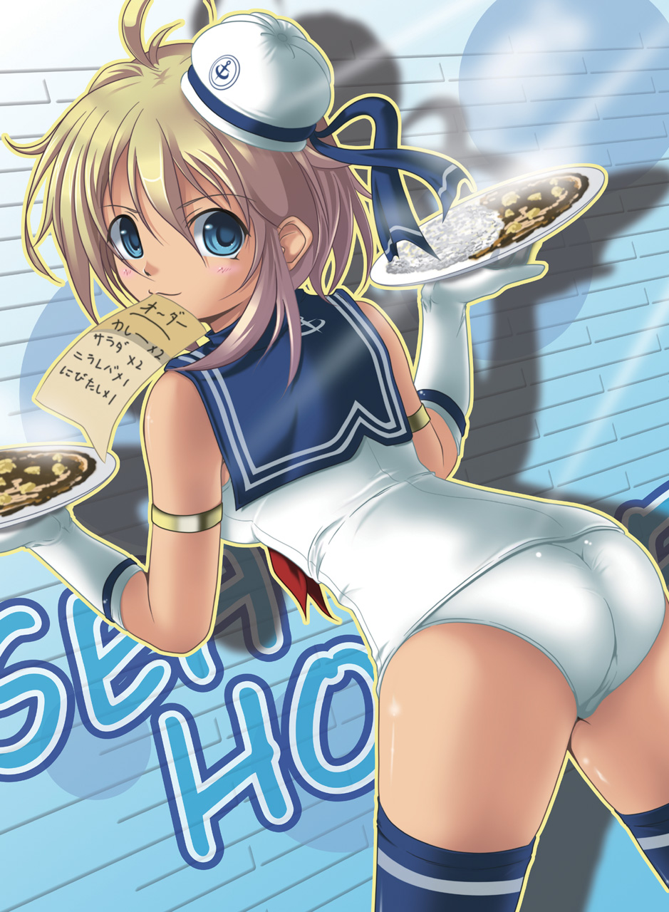 :3 ass blonde_hair blue_eyes curry food gloves hat highres looking_back mouth_hold nontraditional_school_swimsuit one-piece_swimsuit original paper plate sailor_collar sailor_hat sailor_one-piece_swimsuit school_swimsuit shiny shiny_skin short_hair swimsuit tanbe thighhighs