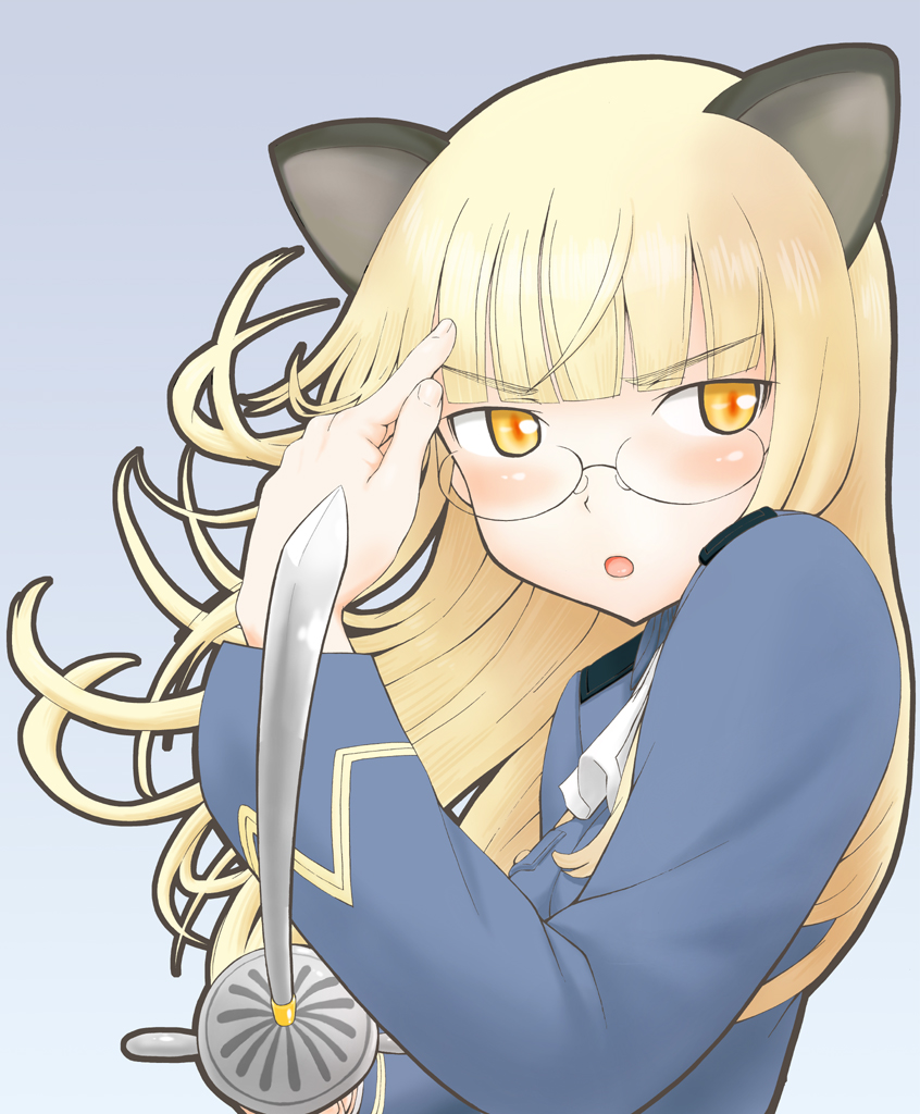 animal_ears bad_id bad_pixiv_id blonde_hair blush cat_ears glasses long_hair military military_uniform open_mouth perrine_h_clostermann rapier sezamyan solo strike_witches sword uniform weapon world_witches_series yellow_eyes