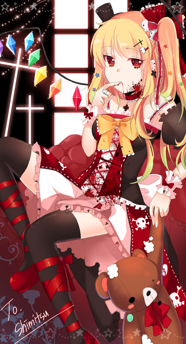 alternate_costume alternate_hair_length alternate_hairstyle bad_id bad_pixiv_id black_legwear blonde_hair blood finger_to_mouth flandre_scarlet hair_ornament hairpin hat jewelry leg_ribbon long_hair maydream mini_hat mini_top_hat red_eyes ribbon ring side_ponytail sitting skull solo stuffed_animal stuffed_toy teddy_bear teenage thighhighs top_hat touhou wings