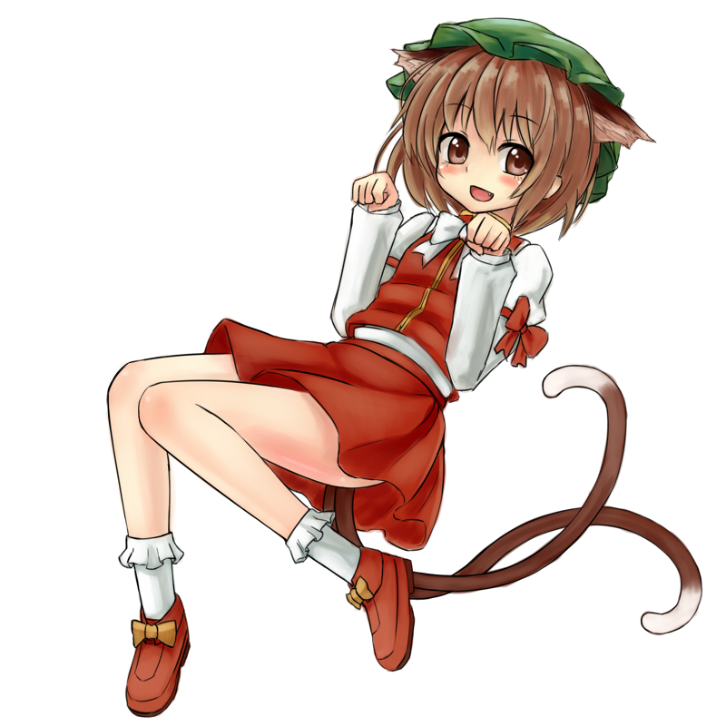 animal_ears armband arms_up bobby_socks bow brown_eyes brown_hair cat_ears cat_tail chen fang full_body hat high_collar jd_(bibirijd) leaning long_sleeves looking_at_viewer multiple_tails open_mouth paw_pose shoes short_hair simple_background skirt smile socks solo tail touhou vest white_background