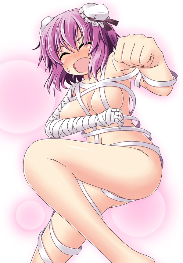 bandages blush breasts clenched_hand closed_eyes double_bun ibaraki_kasen ichimi medium_breasts navel nude open_mouth pink_hair purple_hair short_hair solo sweatdrop touhou