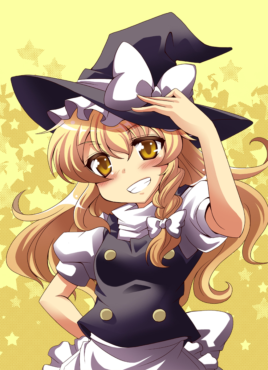 blonde_hair bow braid hair_bow hat highres kirisame_marisa long_hair saipin single_braid smile solo touhou witch_hat yellow_eyes