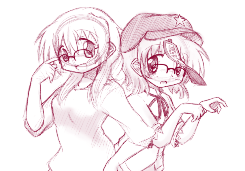 2girls aoki_ume_(style) bespectacled bleeugee china_dress chinese_clothes crossover drawfag dress glasses hat hidamari_sketch miyako miyako_yoshika monochrome multiple_girls ofuda open_mouth outstretched_arms short_hair simple_background star sweater touhou white_background yogurtm zombie_pose