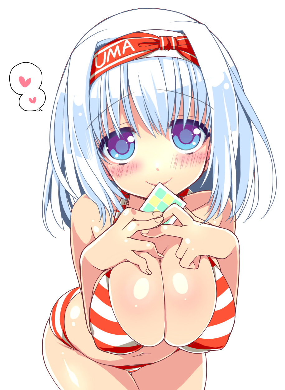bikini blue_eyes blue_hair blush breasts cleavage clothes_writing cowboy_shot eyebrows_visible_through_hair giuniu hairband halter_top halterneck heart highres holding large_breasts leaning_forward light_blue_hair looking_at_viewer navel original shiny shiny_skin simple_background smile solo speech_bubble spoken_heart striped striped_bikini swimsuit white_background