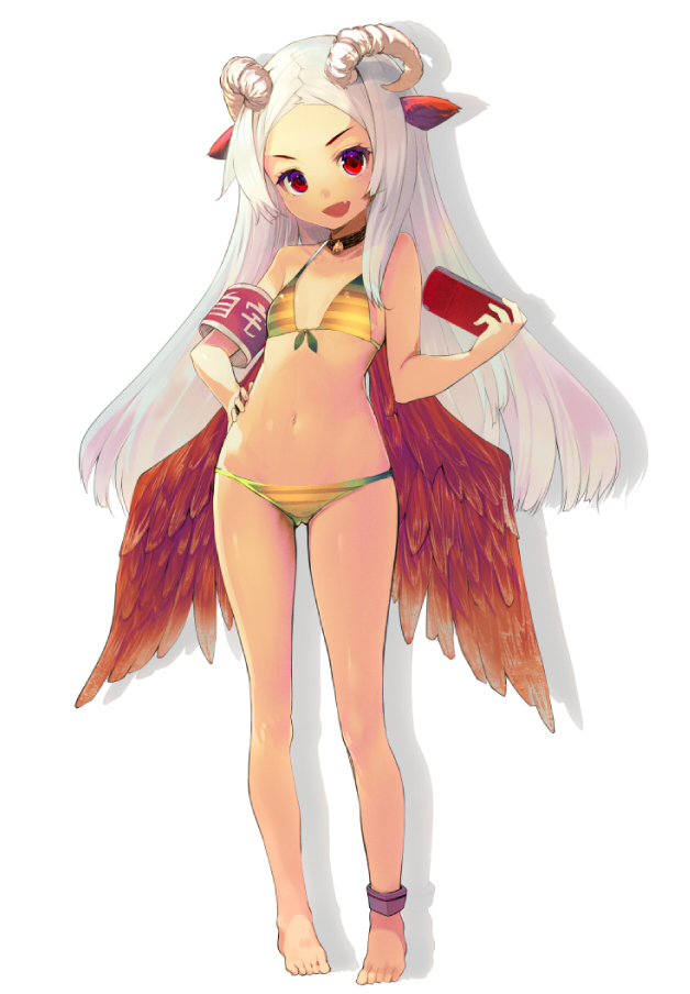 :d armband barefoot bikini choker demon_girl fang flat_chest hand_on_hip handheld_game_console horns long_hair looking_at_viewer navel open_mouth original red_eyes shirabi simple_background smile solo striped striped_bikini succubus swimsuit white_background white_hair wings
