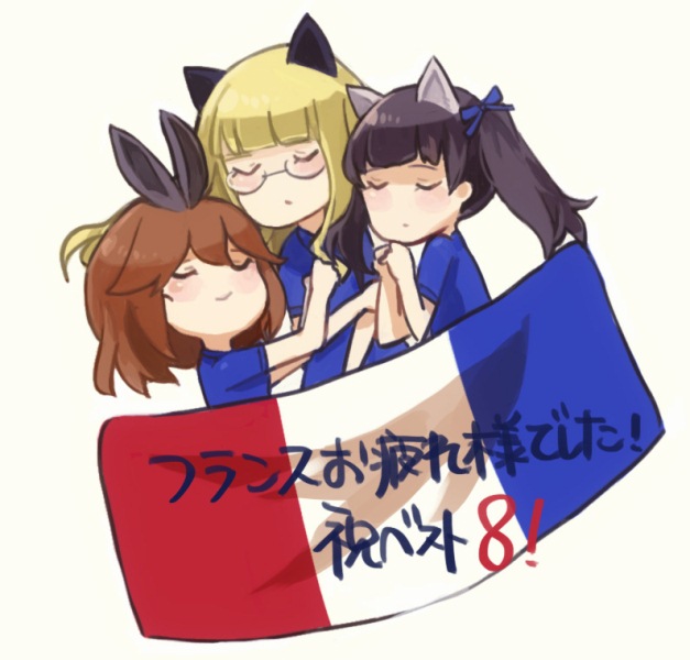 amelie_planchard animal_ears bad_id bad_pixiv_id black_hair blonde_hair blush brave_witches brown_hair bunny_ears cat_ears check_translation closed_eyes error france french_flag georgette_lemare glasses hair_ribbon hands_together hug jersey multiple_girls perrine_h_clostermann ribbon shirono_kuma short_twintails simple_background sleeping smile soccer strike_witches translated translation_request twintails white_background world_witches_series