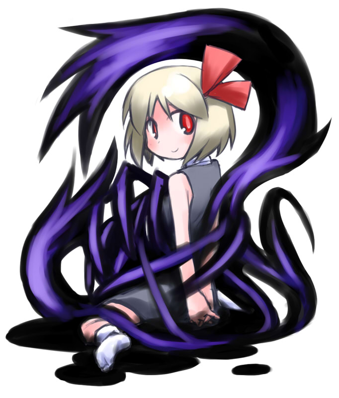 arms_behind_back blonde_hair blush darkness kugelschreiber looking_at_viewer looking_back red_eyes rumia short_hair simple_background sitting smile solo touhou white_background