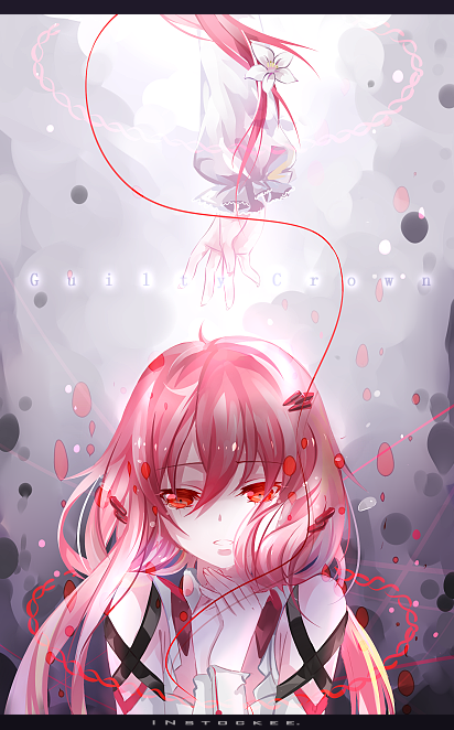 bad_id bad_pixiv_id guilty_crown instocklee letterboxed long_hair outstretched_hand pink_hair red_eyes red_string solo string yuzuriha_inori