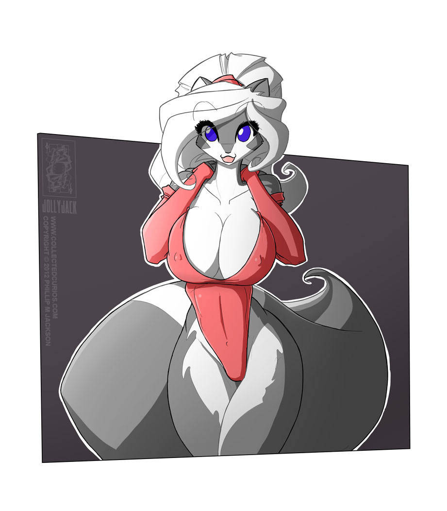 anthro avoid_posting big_breasts big_tail blue_eyes breasts chloe_sinclaire cleavage clothed clothing conditional_dnp female fluffy_tail fur grey_fur hair jollyjack leotard lips long_hair looking_at_viewer mammal pose skunk smile solo standing tight_clothing voluptuous white_hair wide_hips