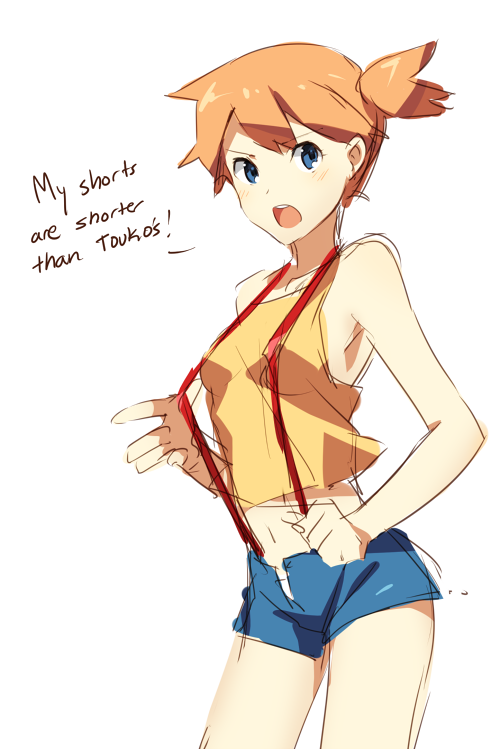 bare_shoulders blue_eyes breasts cowboy_shot crop_top english kasumi_(pokemon) medium_breasts midriff navel open_fly open_mouth orange_hair pokemon pokemon_(anime) short_shorts shorts side_ponytail solo suspenders tank_top text_focus unbuttoned unzipped weee_(raemz)