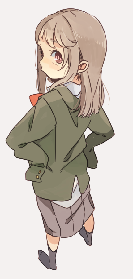 bad_id bad_pixiv_id brown_eyes brown_hair from_behind hands_on_hips long_hair looking_back no_shoes original oversized_clothes solo sunameri_oishii