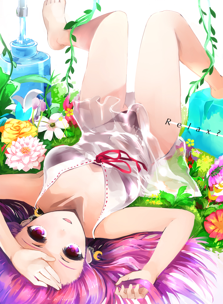 bare_legs crescent earrings english flower grass jewelry koke_(moromiso) long_hair open_mouth patchouli_knowledge purple_eyes purple_hair see-through smile solo touhou water