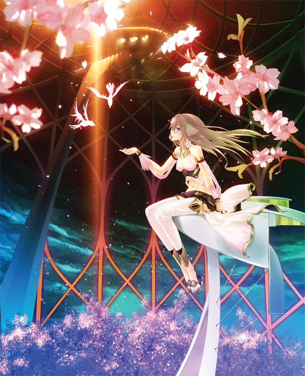 animal_ears bare_shoulders bird blue_eyes breasts brown_hair cherry_blossoms ciel_nosurge cleavage cover dress flower game_cover halter_top halterneck ionasal_kkll_preciel jewelry long_hair medium_breasts midriff navel non-web_source ntny official_art pendant petals sandals sitting solo surge_concerto thighhighs toeless_legwear tree white_legwear