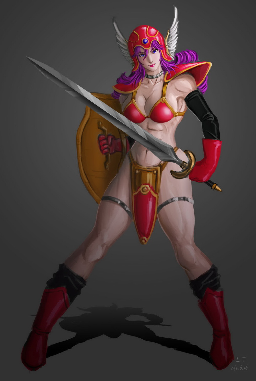 abs armor bikini_armor boots breasts choker cleavage dated detached_sleeves dragon_quest dragon_quest_iii forehead_jewel full_body gloves helmet highres lipstick loincloth long_hair loose_socks lt makeup muscle navel pauldrons purple_hair red_gloves shield simple_background socks soldier_(dq3) solo source_request sword thigh_strap weapon winged_helmet