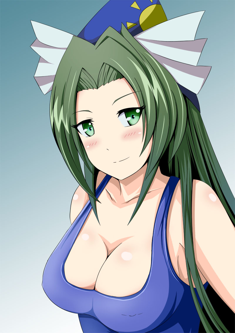 blush breasts cleavage green_eyes green_hair hat inoshira large_breasts long_hair mima one-piece_swimsuit smile solo swimsuit touhou touhou_(pc-98) very_long_hair wizard_hat