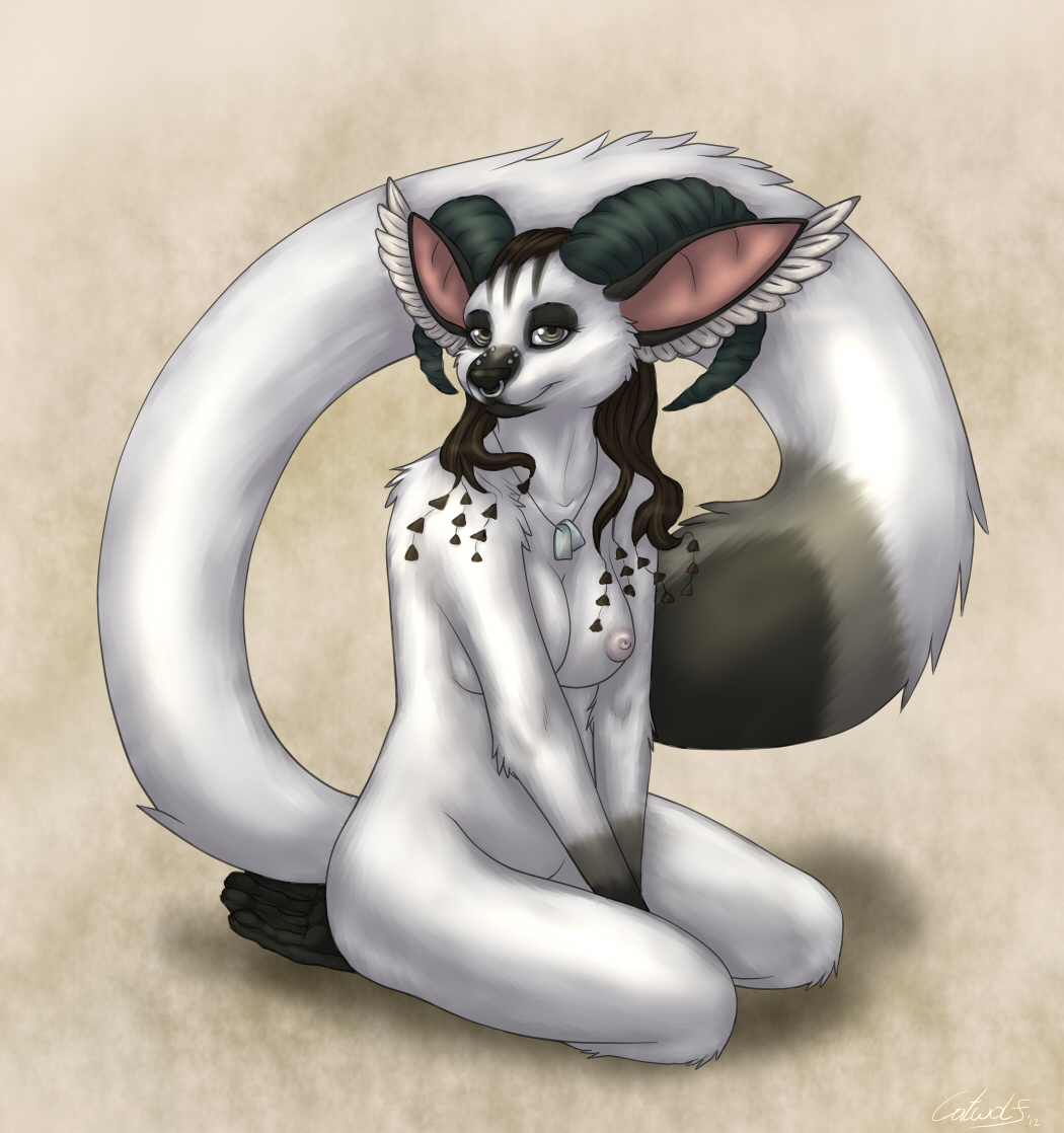 catwolf facial_piercing feathers female furry-specific_piercing horn hybrid lemur looking_at_viewer muzzle_piercing nose_piercing nose_ring nude piercing sitting solo