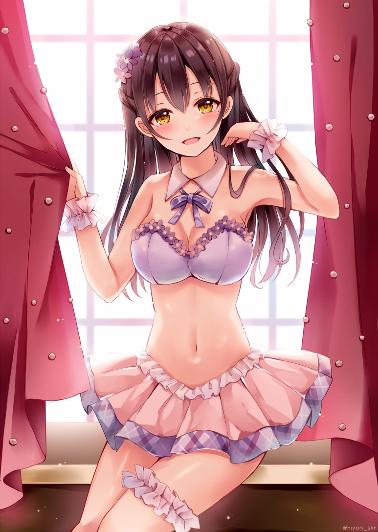1girl :d armpits backlighting bangs bare_shoulders blush breasts brown_eyes brown_hair cleavage commentary_request cowboy_shot crop_top curtains day detached_collar eyebrows_visible_through_hair flower hair_between_eyes hair_flower hair_ornament hands_up head_tilt holding indoors leg_garter long_hair looking_at_viewer medium_breasts midriff navel open_mouth original pink_skirt pleated_skirt purple_flower sakura_hiyori skirt smile solo sunlight white_collar window wrist_cuffs