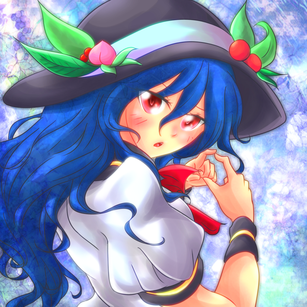 bellk blue_hair blush bow food fruit hat hinanawi_tenshi leaf long_hair looking_at_viewer open_mouth peach red_eyes short_sleeves solo touhou very_long_hair wrist_cuffs