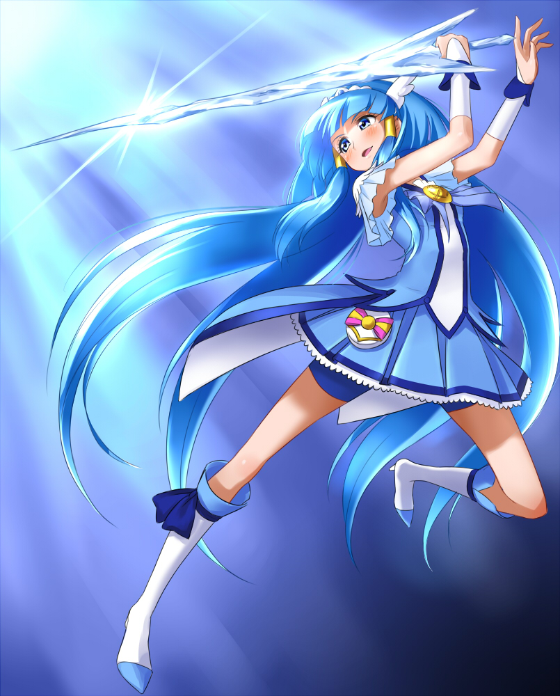 aoki_reika bike_shorts blue blue_eyes blue_hair blue_skirt blush boots choker crystal_sword cure_beauty hair_tubes head_wings ice knee_boots long_hair magical_girl open_mouth precure shorts shorts_under_skirt sidelocks skirt smile smile_pact smile_precure! solo sword takebi tiara weapon wrist_cuffs