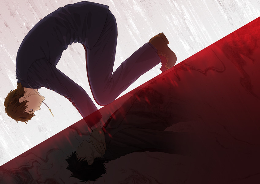 asphyxiation bad_id bad_pixiv_id black_hair brown_hair cross cross_necklace different_reflection emiya_kiritsugu fate/zero fate_(series) jewelry kagami_ei kotomine_kirei male_focus multiple_boys necklace reflection strangling