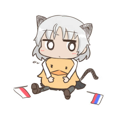 1girl animal_ears cat_ears cat_tail chibi euro_2012 flag hug hugging lowres poland russia sanya_v_litvyak sitting strike_witches stuffed_toy tail toy