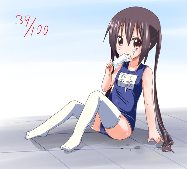 bad_id bad_pixiv_id black_hair brown_eyes food k-on! kurou_(quadruple_zero) long_hair nakano_azusa one-piece_swimsuit popsicle school_swimsuit solo swimsuit thighhighs twintails