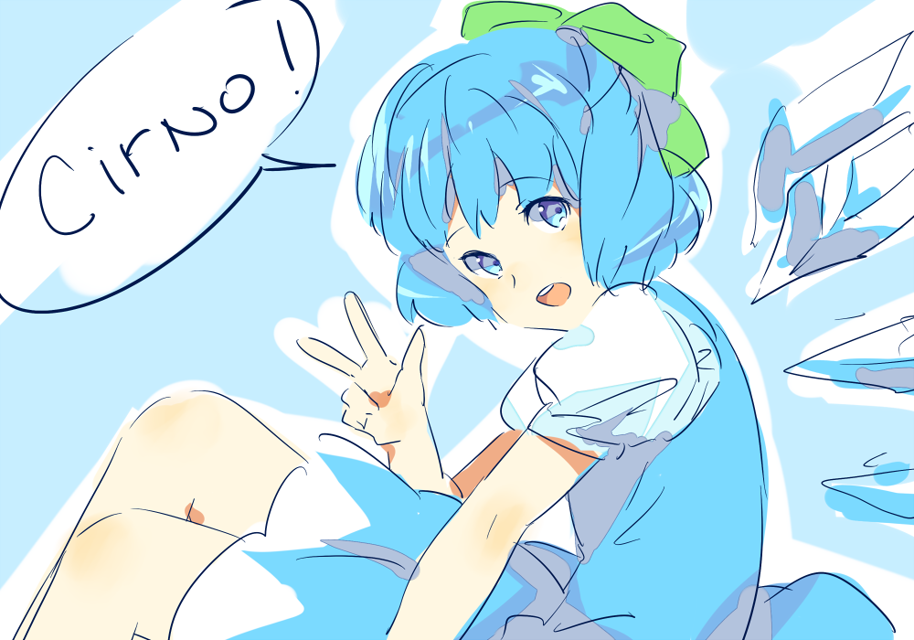 blue_eyes blue_hair bow cirno dress hair_bow ice ice_wings open_mouth shorts solo speech_bubble touhou v weee_(raemz) wings