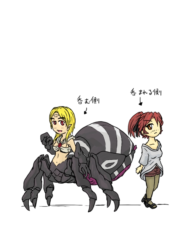 1girl arachne blonde_hair breasts brown_eyes female insect insect_girl kaname_(artist) looking_at_viewer monster_girl multiple_legs red_eyes red_hair simple_background spider spider_girl vore white_background