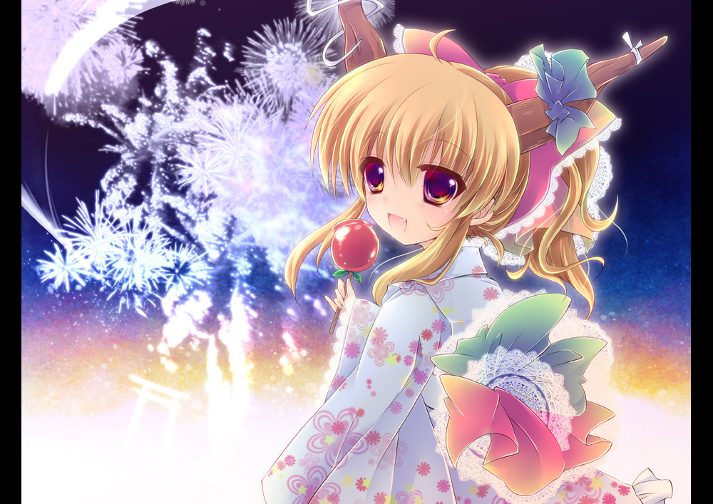ahoge alternate_hairstyle blonde_hair bow candy candy_apple contemporary enjoy_mix fang fireworks food frills fruit gradient_eyes hair_bow horns ibuki_suika japanese_clothes kimono long_sleeves looking_at_viewer md5_mismatch multicolored multicolored_eyes night open_mouth ponytail solo touhou wide_sleeves