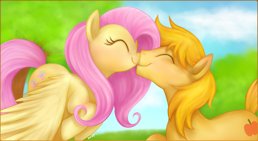 cutie_mark equine eyes_closed female feral fluttershy_(mlp) friendship_is_magic horse kissing male mammal mn27 my_little_pony outside pegasus pony tree wings wood