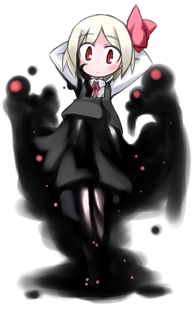 arms_behind_head arms_up blonde_hair kugelschreiber looking_at_viewer red_eyes rumia short_hair simple_background solo touhou white_background