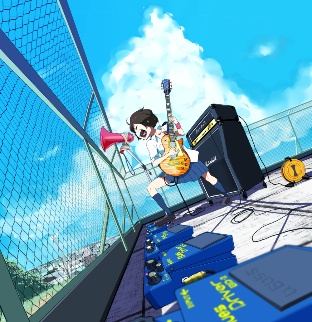 amplifier brown_hair cable effects_pedal electric_guitar fence guitar instrument les_paul loudspeaker marshall megaphone original school_uniform short_hair skirt sleeves_rolled_up sweatband taichi_(tomo)