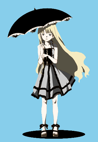 bad_id bad_pixiv_id bangs bare_arms bare_shoulders blonde_hair blue_background evangeline_a_k_mcdowell frills full_body halter_dress halterneck holding holding_umbrella ichikawa_(addiction) long_hair lowres mahou_sensei_negima! parasol parted_lips platform_footwear simple_background solo standing umbrella very_long_hair