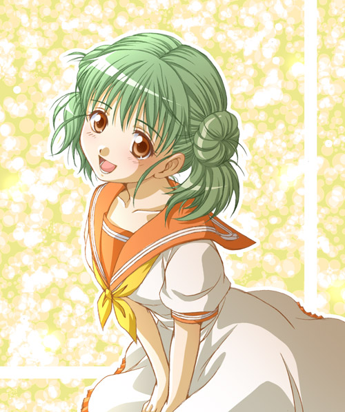 green_hair higurashi_no_naku_koro_ni hiyori kimiyoshi_natsumi orange_eyes school_uniform serafuku solo