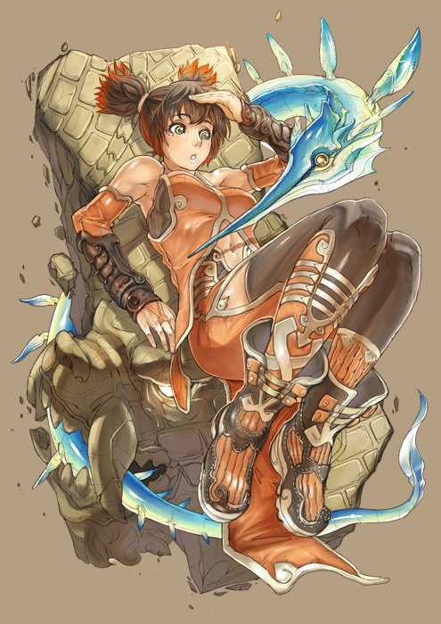 copyright_request detached_sleeves fish ishibashi_yosuke monster multicolored_hair short_hair sitting solo thighhighs two-tone_hair
