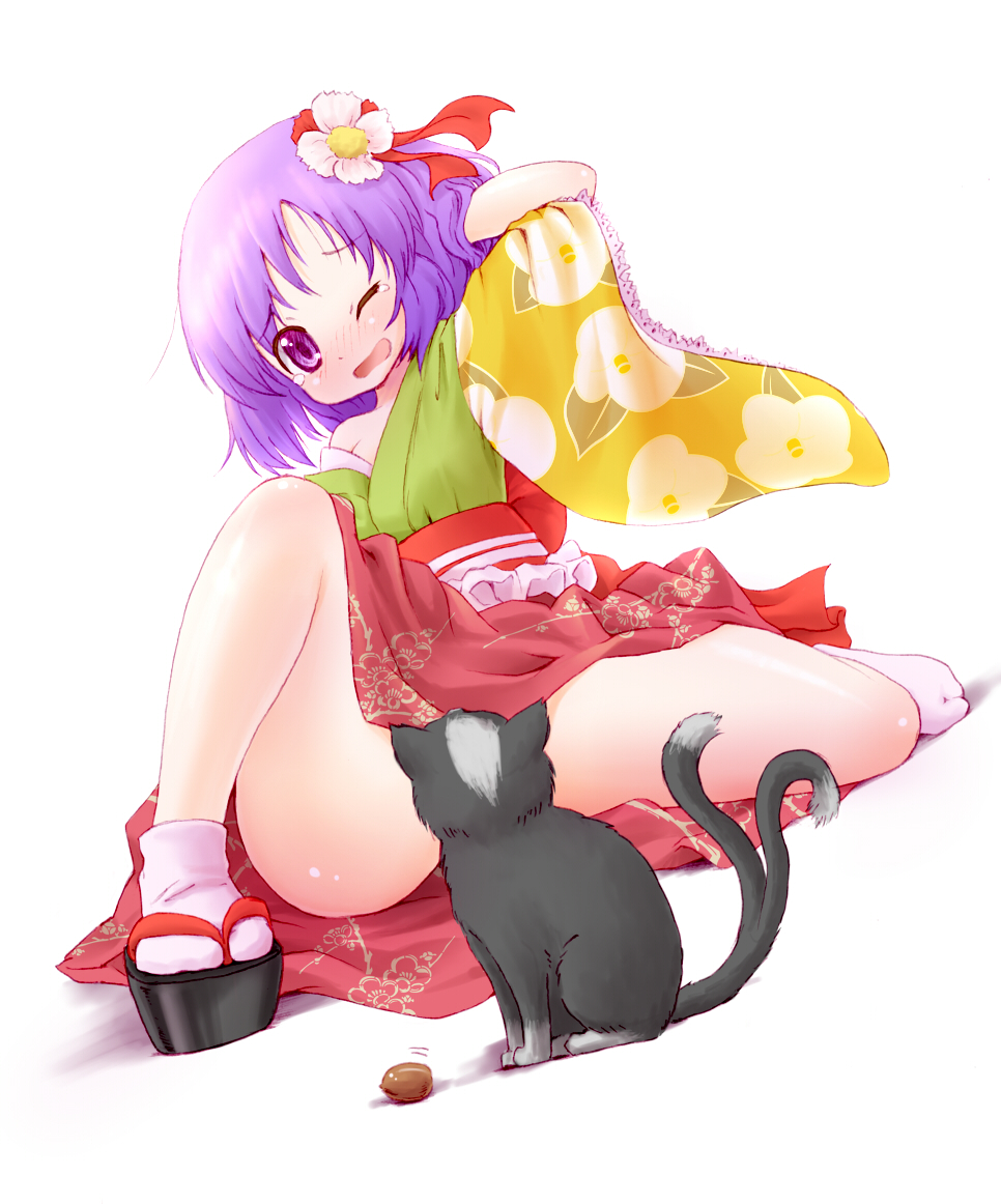 arinu bare_legs cat censored convenient_censoring dutch_angle fallen_down flower forked_tail hair_flower hair_ornament hand_on_own_head hieda_no_akyuu japanese_clothes kimono multiple_tails nekomata purple_eyes purple_hair short_hair simple_background solo tabi tail touhou walnut_(food) white_background wince