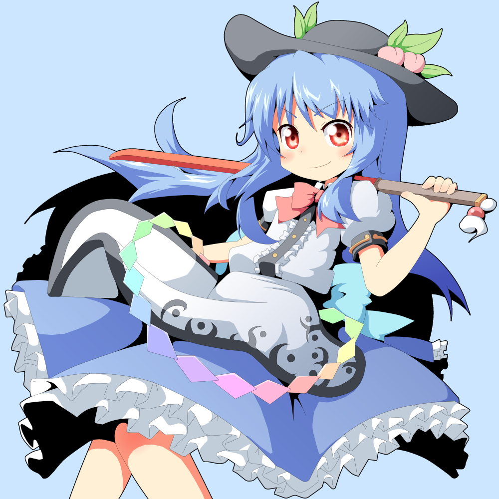 blue_hair blush bow food frills fruit hat hinanawi_tenshi leaf long_hair looking_at_viewer peach red_eyes short_sleeves silane simple_background smile solo sword sword_of_hisou touhou very_long_hair weapon
